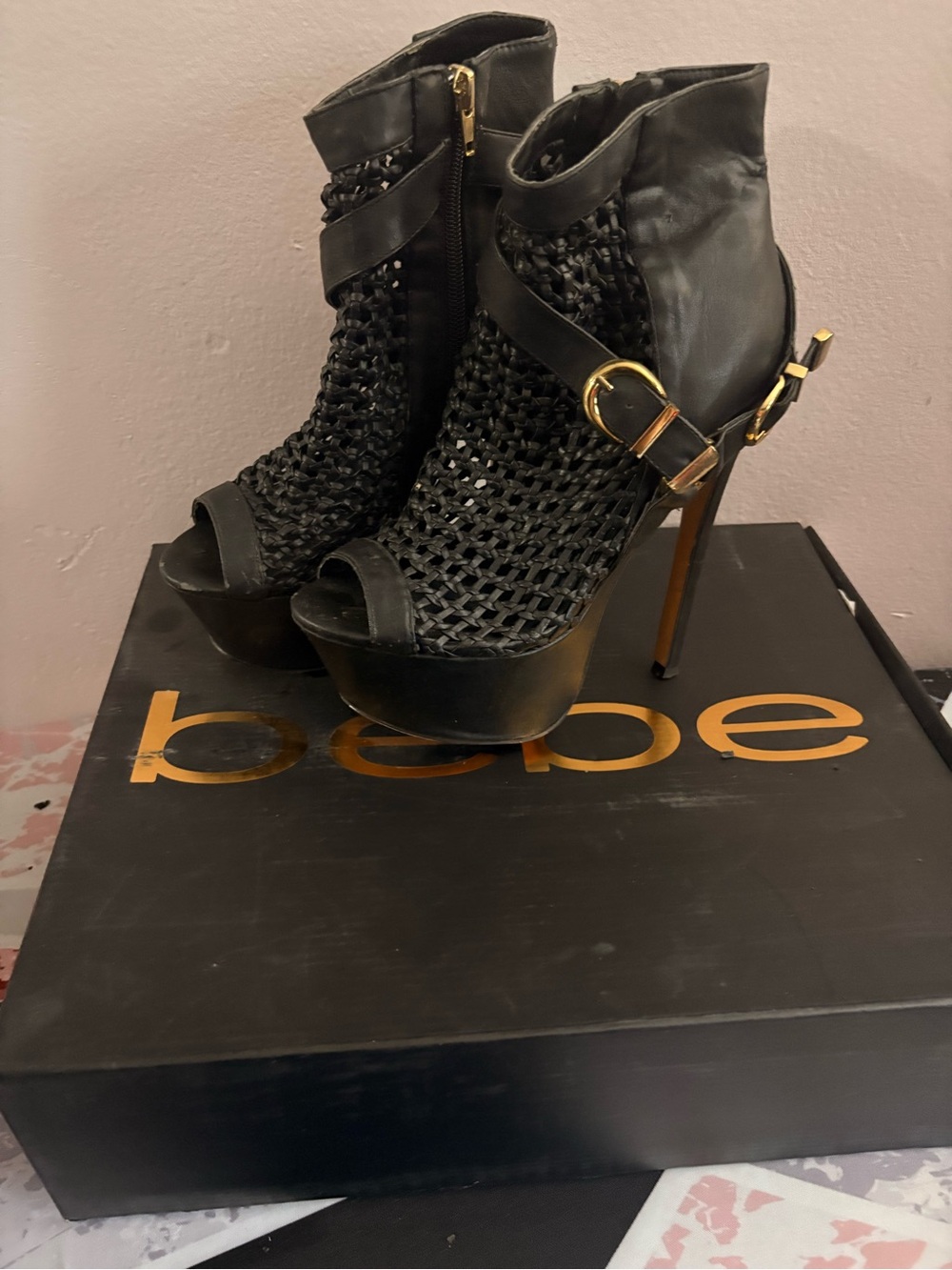 bebe Black Woven Peep-Toe Stiletto Booties with Gold Buckles